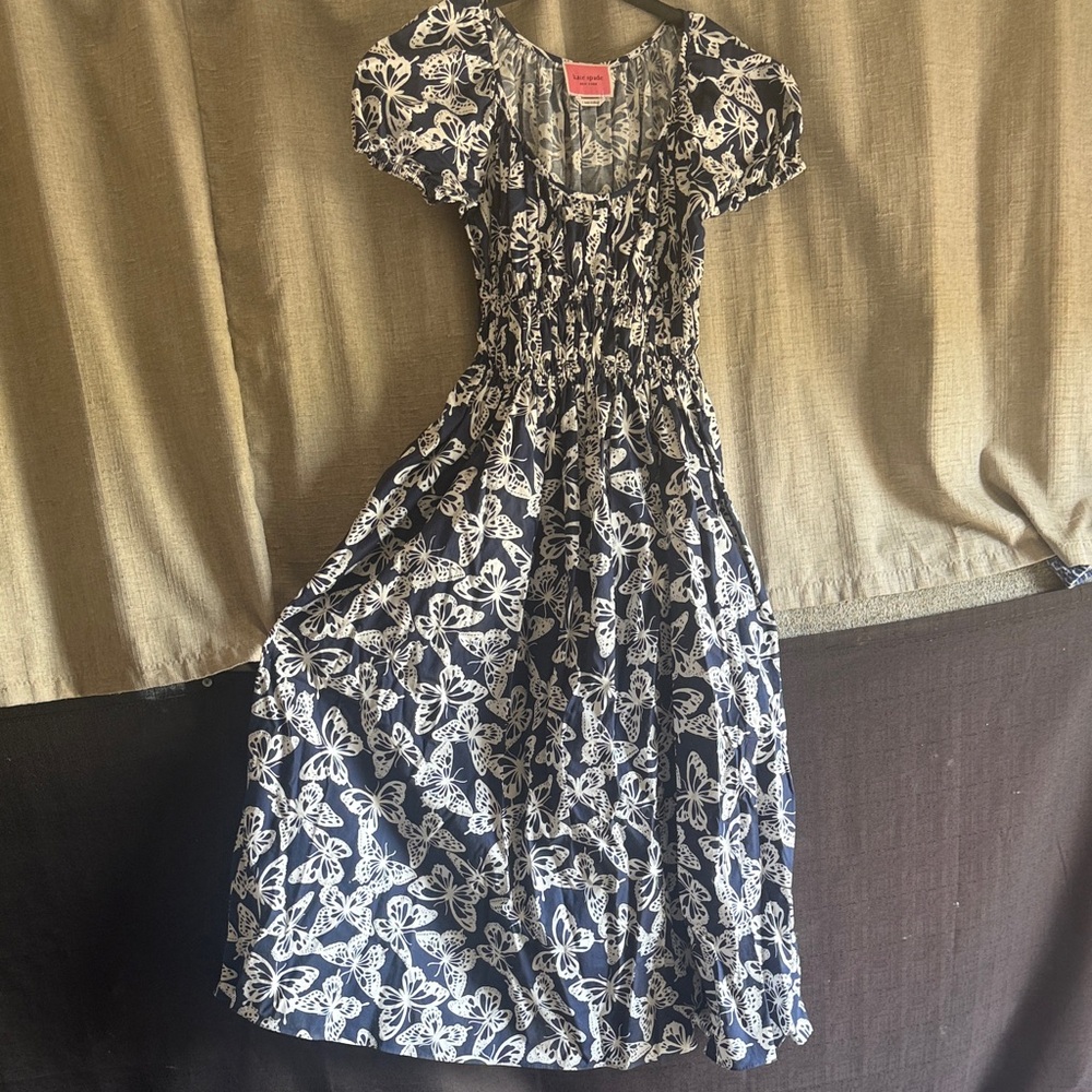 kate spade navy and white butterfly-print midi dress puff sleeve smocked waist S